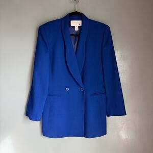 Vintage JONES NEW YORK Women's 10 Blue Worsted Wool Retro Blazer Colorful Glam